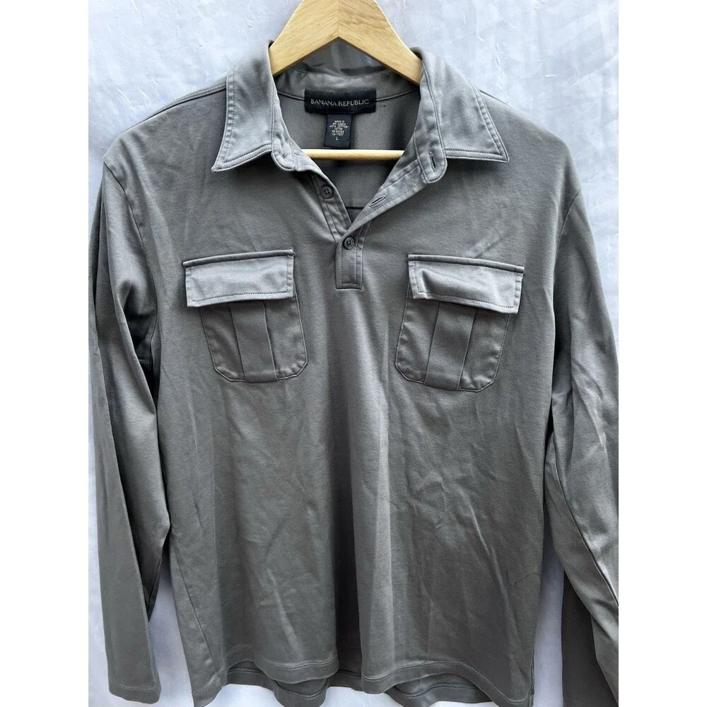 Banana Republic Gray Utility Polo Shirt Large 100% Cotton Long Sleeve Casual